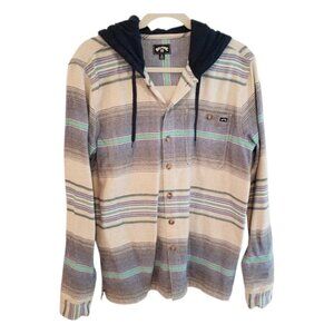 Billabong Blue White Turquoise Striped Baja Flannel Hooded Shirt Medium